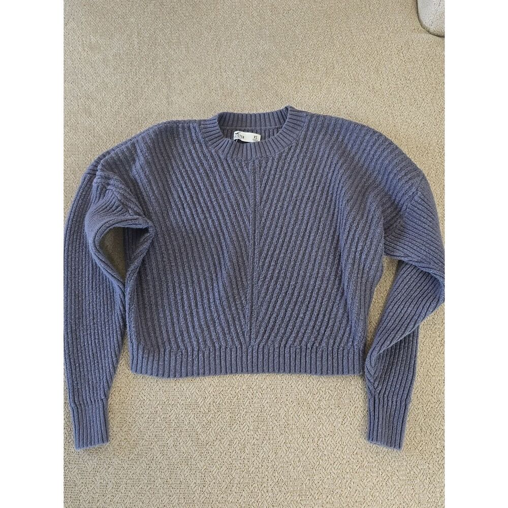 Hollister Blue/Gray Ribbed Fuzzy Stretchy Cropped Sweater - Size XS